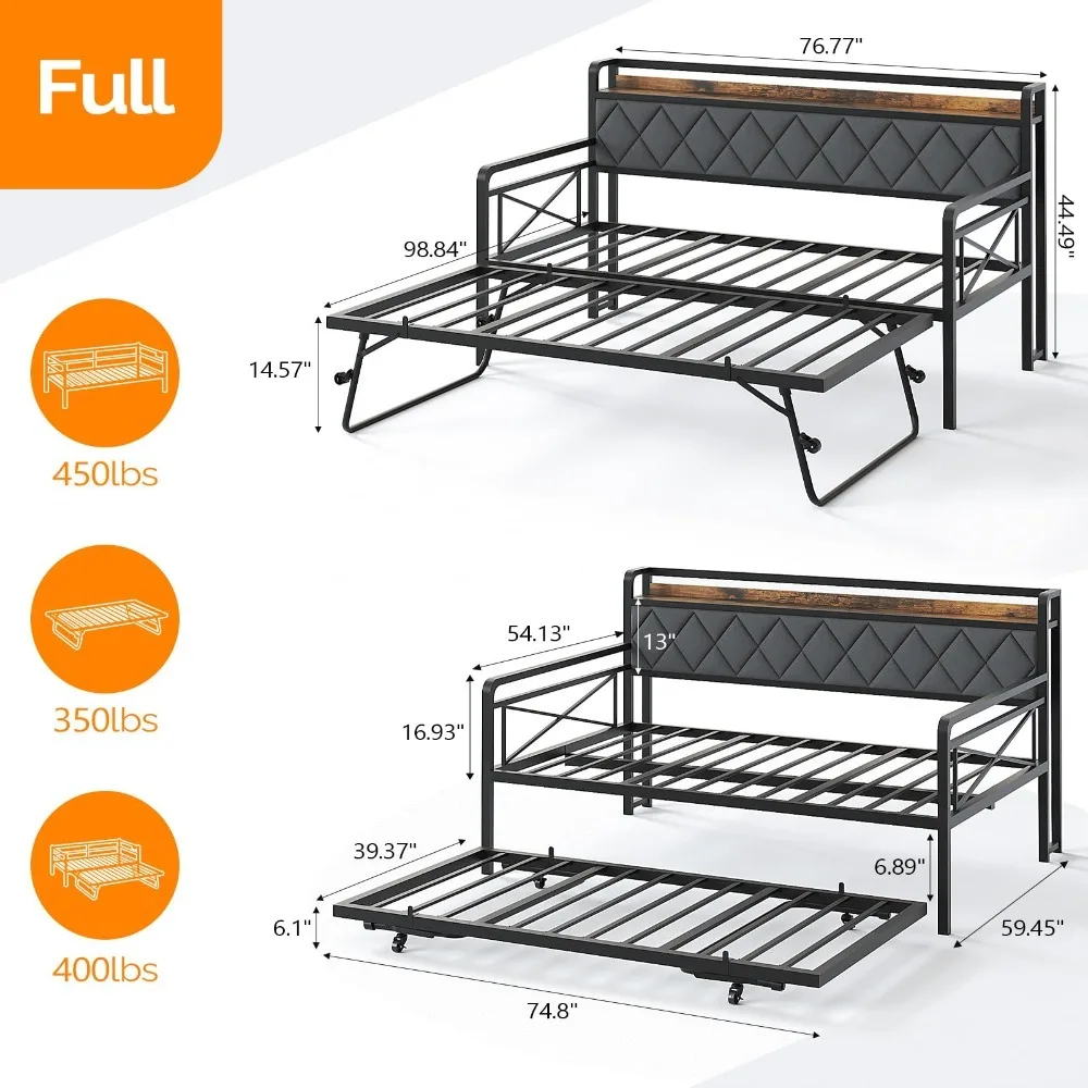 Full Daybed with Pop Up Trundle,Storage Headboard, Charing Station