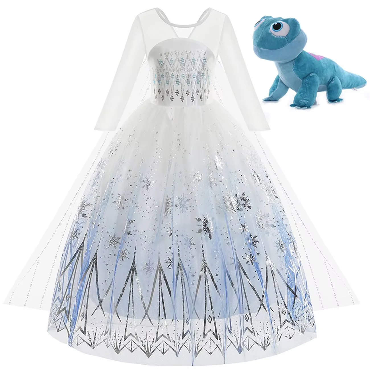 Disney Elsa Prinzessinnenkleid für Mädchen, weißes bedrucktes langärmliges Spitzenkleid, festliches Party-Geschenkset, gefrorenes Kleid, Feuergeist Olaf