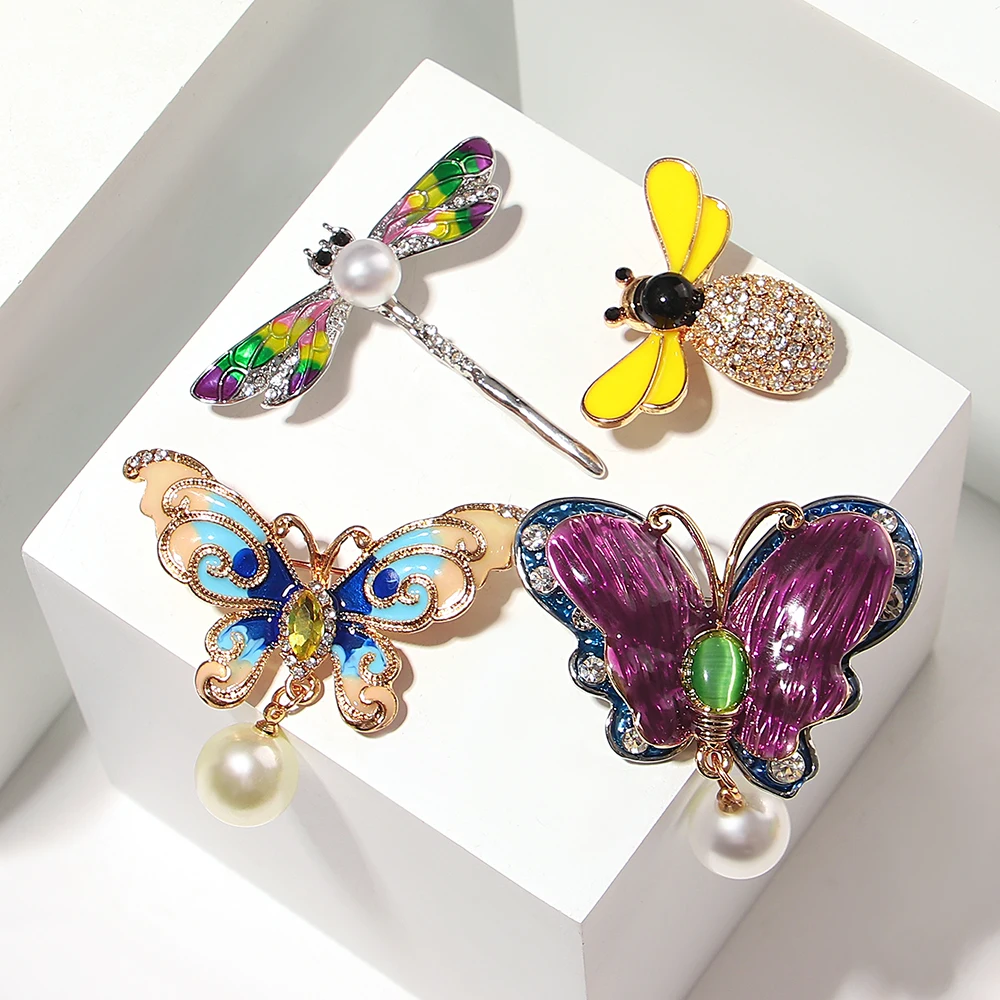 ALLYES Luxury Pearl Rhinestone Brooches for Women Elegant Colorful Enamel Butterfly Bee Dragonfly Brooch Lapel Pins Jewelry Gift