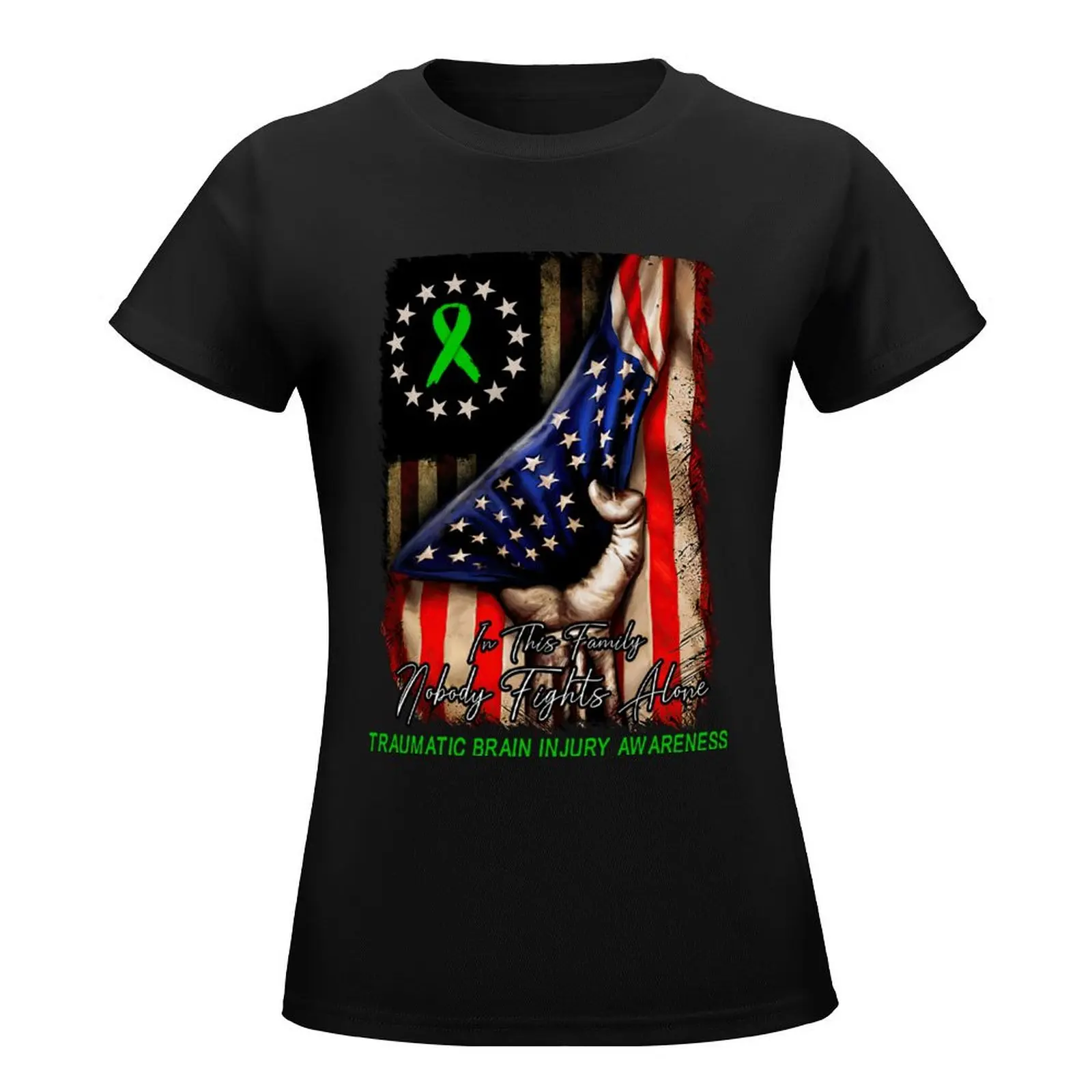 Distressed American Flag Nobody Fight Alone Traumatic Brain Injury Awareness T-Shirt anime graphics t shirts for Womens