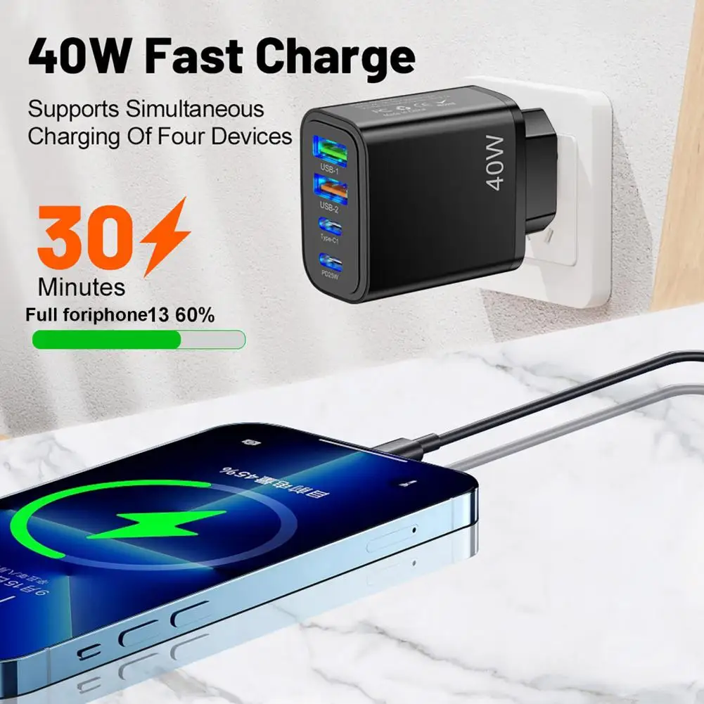 Charger High-efficiency 40w 4-port Charger Fast Charging Multi-protection Low Power Consumption Eu Plug Dual Usb/type-c/pd 25w