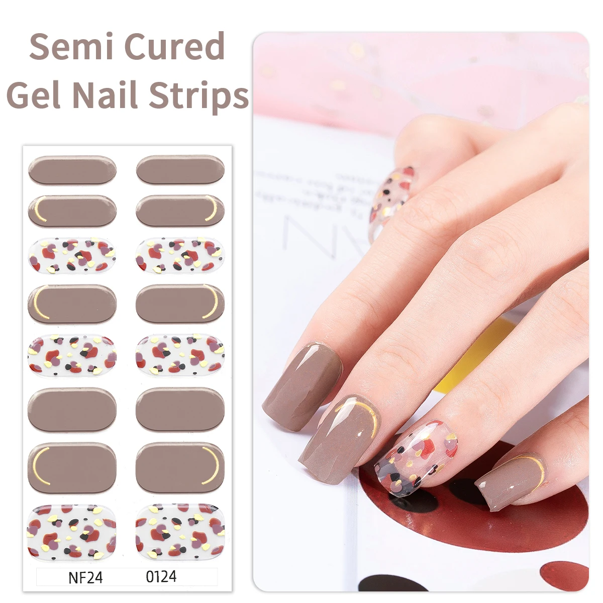 

16Tips Semi-Cured Gel Nail Wraps Leopard Print Adhesive Waterproof Long Lasting Gel Nails Stickers for UV Lamp Need Manicure