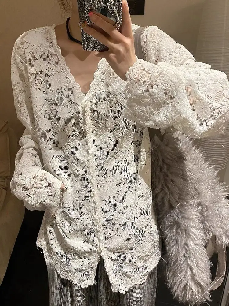 Chic Hollow Out Lace Jacket Women Bottom Shirt Summer Autumn Inner High End Layering Long Sleeve Shirt Sweet Spicy Tops V-neck - Image 2