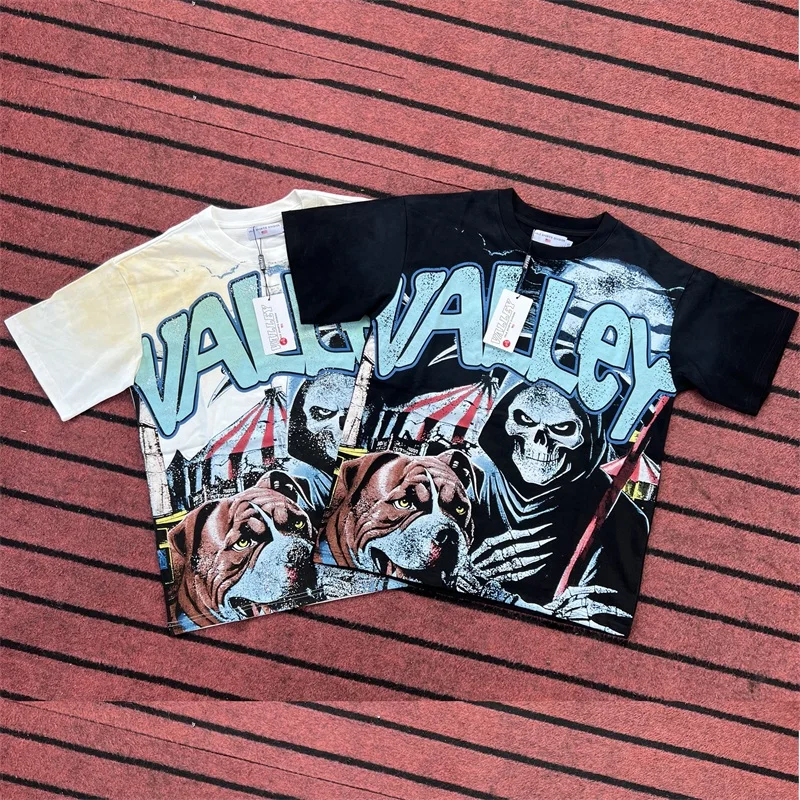 تي شيرت مطبوع عليه جمجمة VALLEY Black Hop Hop للرجال والنساء 1:1 أفضل جودة كبيرة الحجم من القطن الخالص بأكمام قصيرة