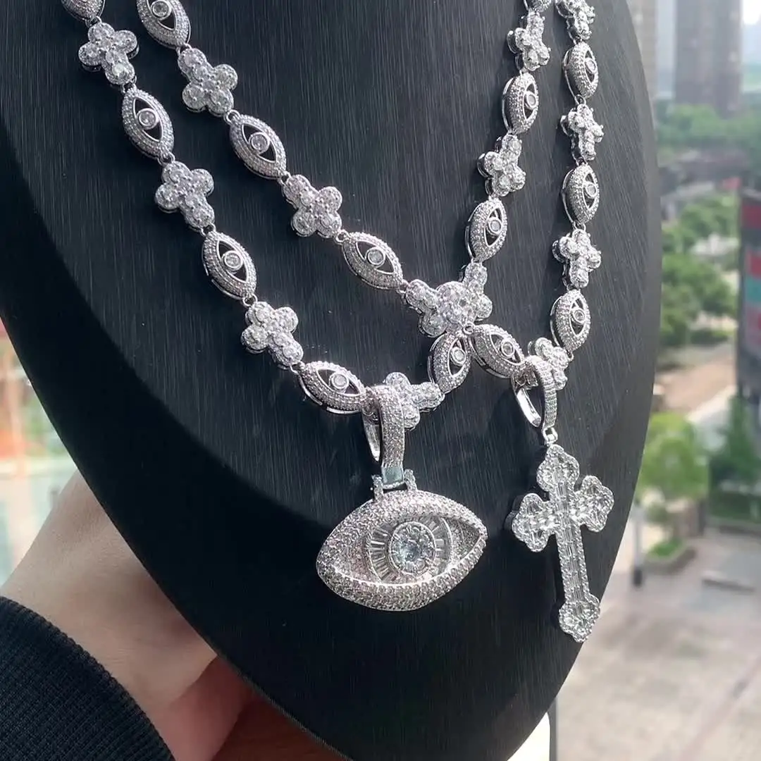 2025 New Eye Cross Necklace Iced Out Bling Silver Color Cubic