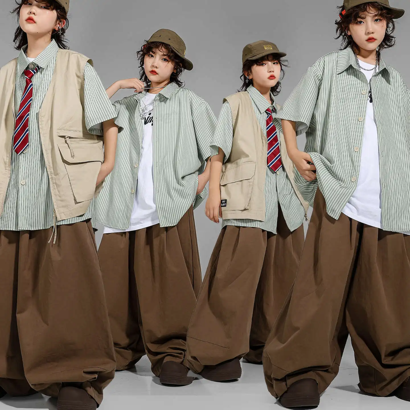 

Kid Kpop Hip Hop Clothing Green Striped Shirt Khaki Vest Coffee Casual Wide Leg Pleated Pants for Girl Boy Dance Costume Clothes