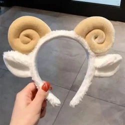 Cute Sheep Horn Headband Lamb Ear Soft Fleece Hairband Women Makeup Headwear Hair Band for Wash Face Shower Hair Accessories