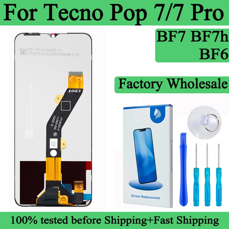 BF6 BF7 BF7h 100% اختبار قسط Lcd ل Tecno Pop 7 عرض محول الأرقام بشاشة تعمل بلمس لوحة الجمعية لشاشة Tecno Pop 7 Pro