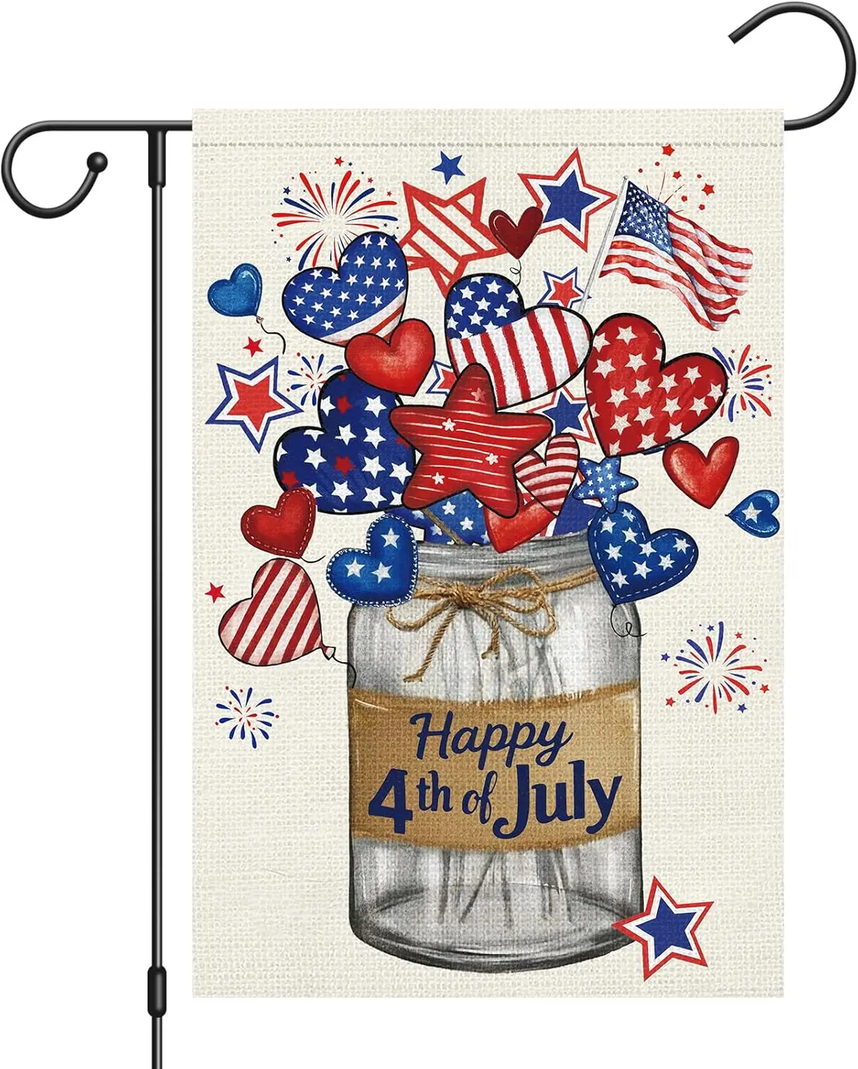 Heyfibro Happy 4th of July Patriotic Garden Flag 12x18 Double Sided Burlap, Mason Jar with Red White and Blue Hearts & S YYQ