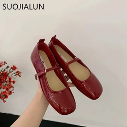 SUOJIALUN 2024 Spring New Women Flat Shoes Fashion Red Ladies Casual Dress Mary Jane Shoes Soft Sole Round Toe Outdoor Ballerina