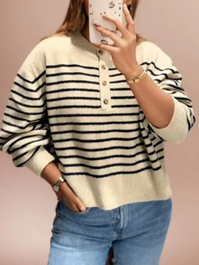

Autumn Stripes Casual Sweater Women Pullover 2025 New Women's Fashion Simple All-match Striped Knitted Sweater Female Jumper