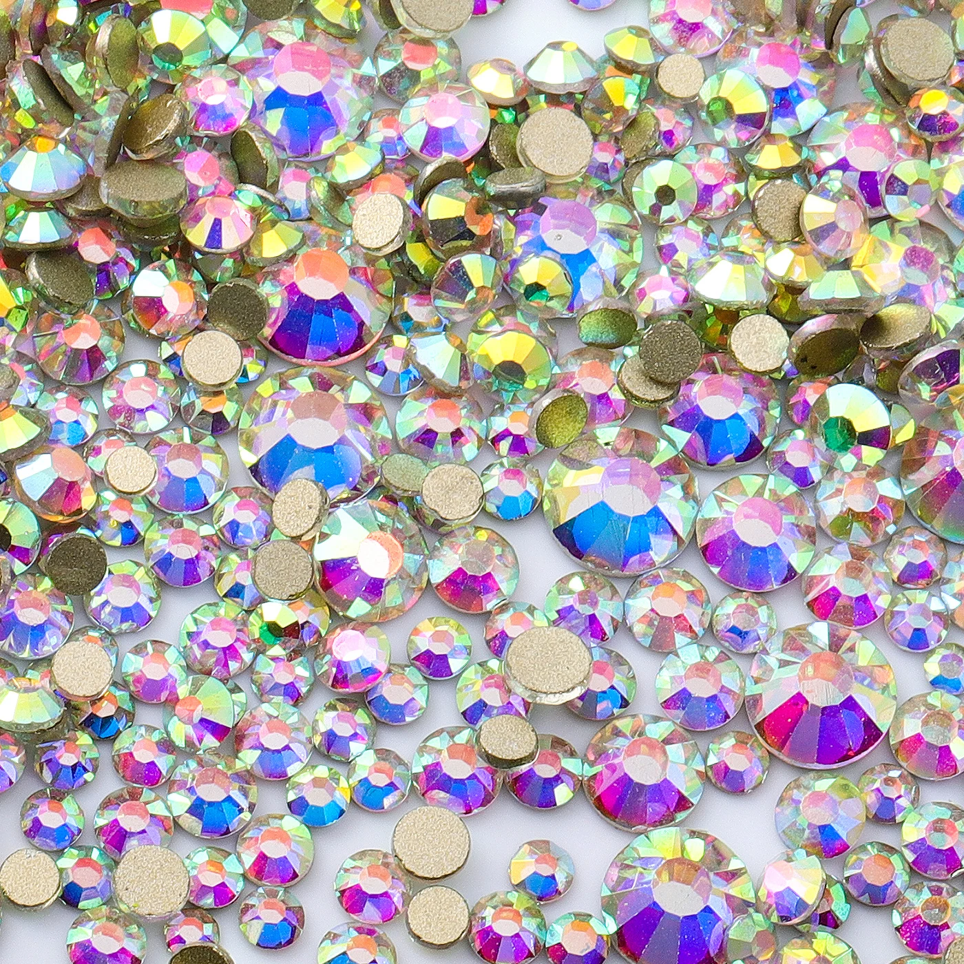 Crystal AB Series SS3-SS30 Fondo dorato Strass in vetro glitterato non hotfix multi-dimensione per la decorazione di diamanti in cristallo per nail art