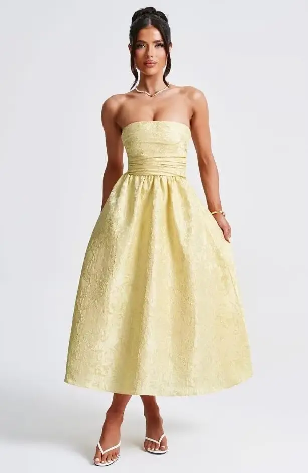 فساتين لحضور الحفلات الموسيقية من الساتان بدون حمالات قصيرة للنساء 2025 طول الشاي فساتين لحفلات الكوكتيل على شكل حرف A فساتين سهرة للحفلات المسائية #5