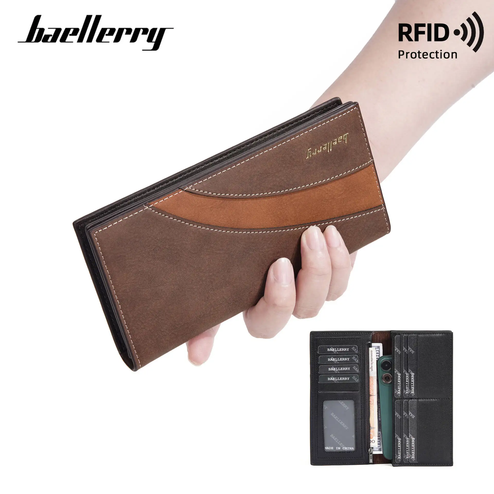 Baellerry Men's Wallets Stitching Color Long Zip RFID Blocking Wallet Gifts For Husband Father Large Capacity Chic Change Purse