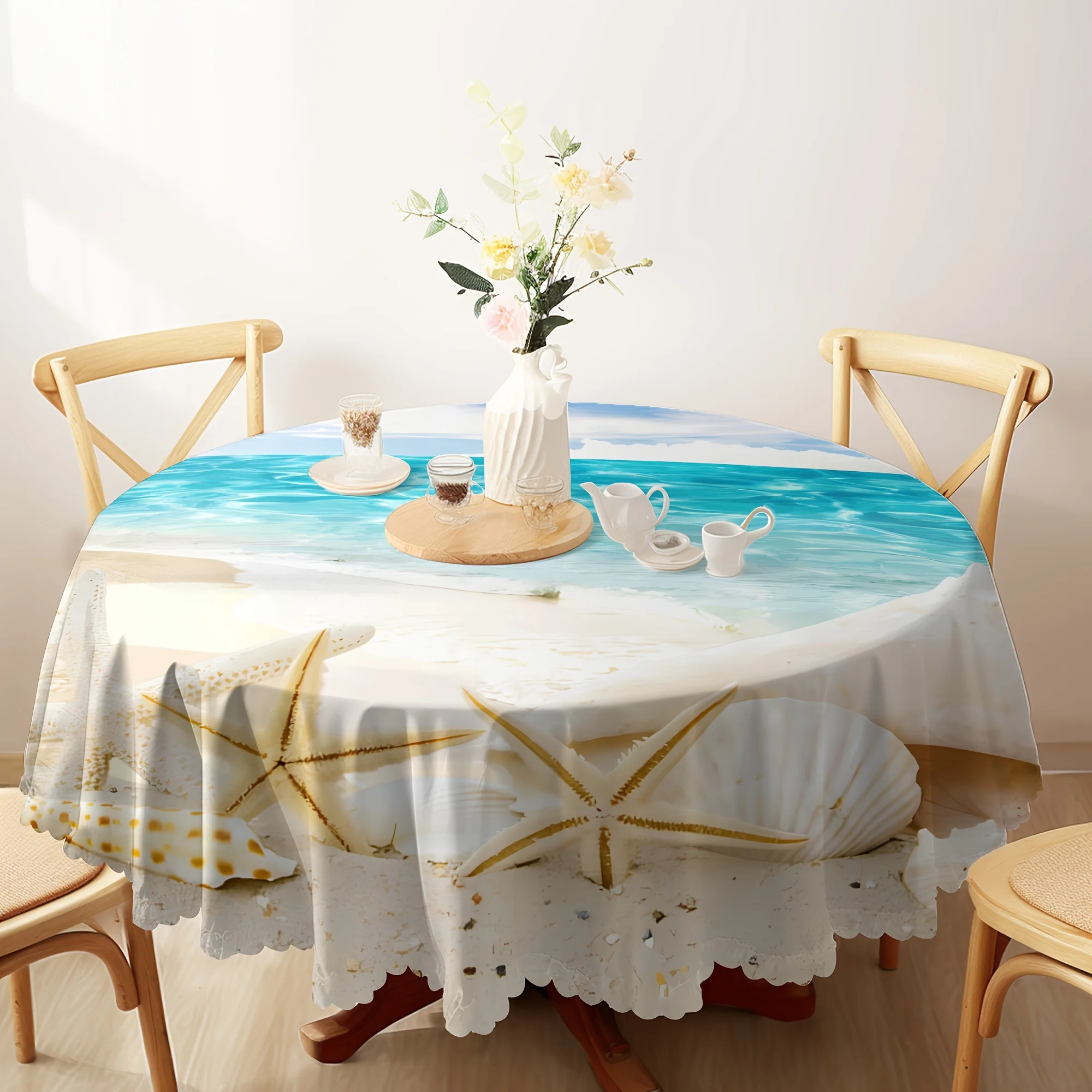 Summer Seascape Coast Sky Shellfish Starfish Waves Home Kitchen Living Room Dustproof Round Tablecloth Holiday Party Decoration