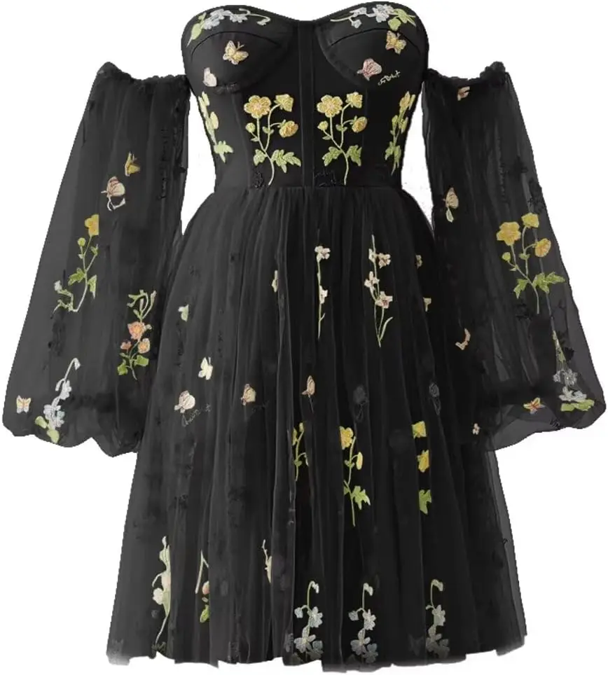 

Puffy Flower Embroidery Homecoming Dresses for Teens Short Tulle Knee Length Prom Party Gowns Graduation Dress Mini Dress