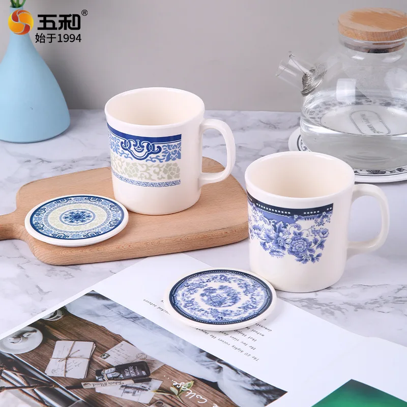 

Food Grade Melamine Plastic Cup Imitation Porcelain Mug New Chinese Style with Handle Blue and White Water Cup with Lid Househol