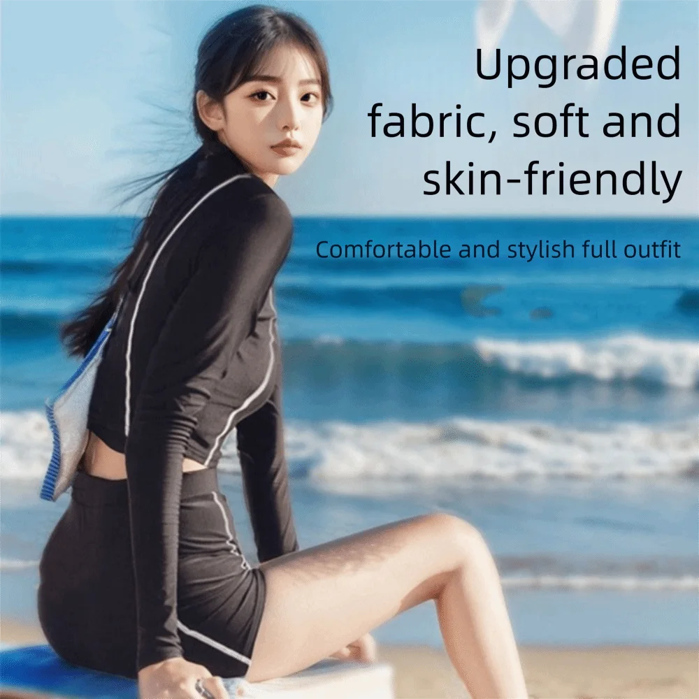 Costume da bagno da donna con design patchwork a vita alta con pantaloncini Costumi da bagno a maniche lunghe Tessuto per protezione solare Abbigliamento da spiaggia dimagrante