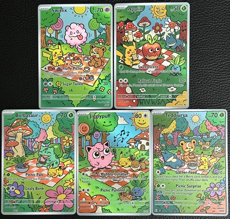 5Pcs Pokemon Cards PTCG Oil Painting Style Swirlix Teddiursa Bulbasaur Applin Jigglypuff Collection Holo Cards Pokemon Gift