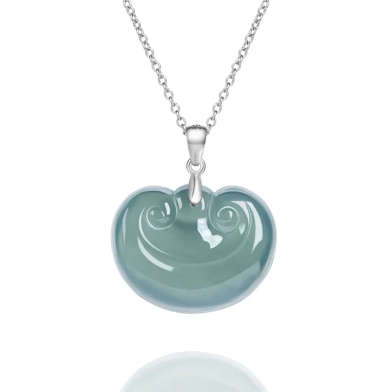

Genuine Natural Type A Blue Water Jadeite Ruyi Scepter Icy Pendant S925 Sterling Silver Floral Women's Necklace
