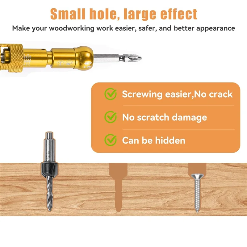 Set di punte da trapano svasatore A01F-5 pezzi con Hexshank a rilascio da 1/4 pollici, set di punte da trapano per la lavorazione del legno regolabile per foro per vite di carpenteria