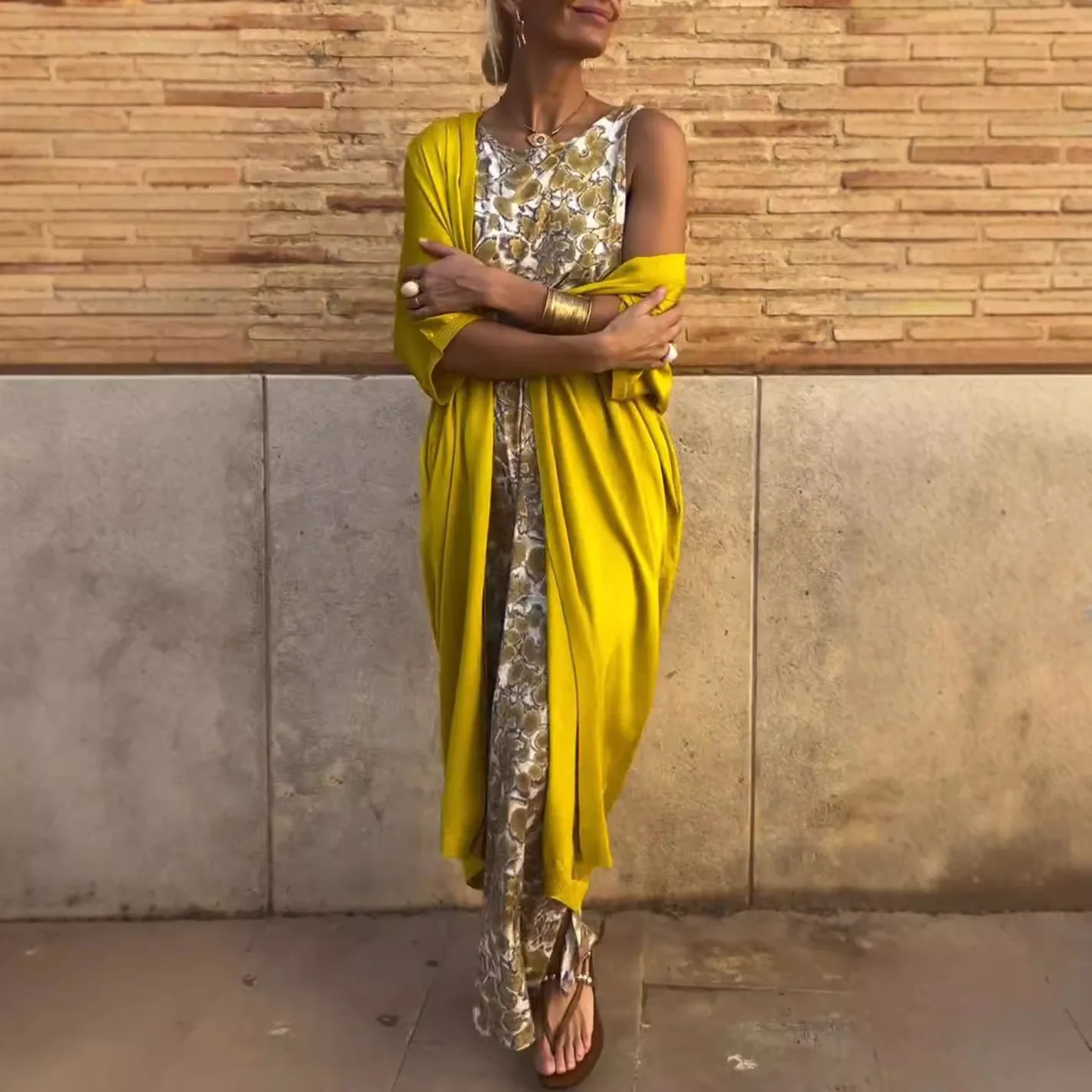 2025 New Loose Fit Solid Color Cardigan Elegant Shawl Sleeveless Printed Dress Women's Suit Robe 2 Piece Beach Vacation Set