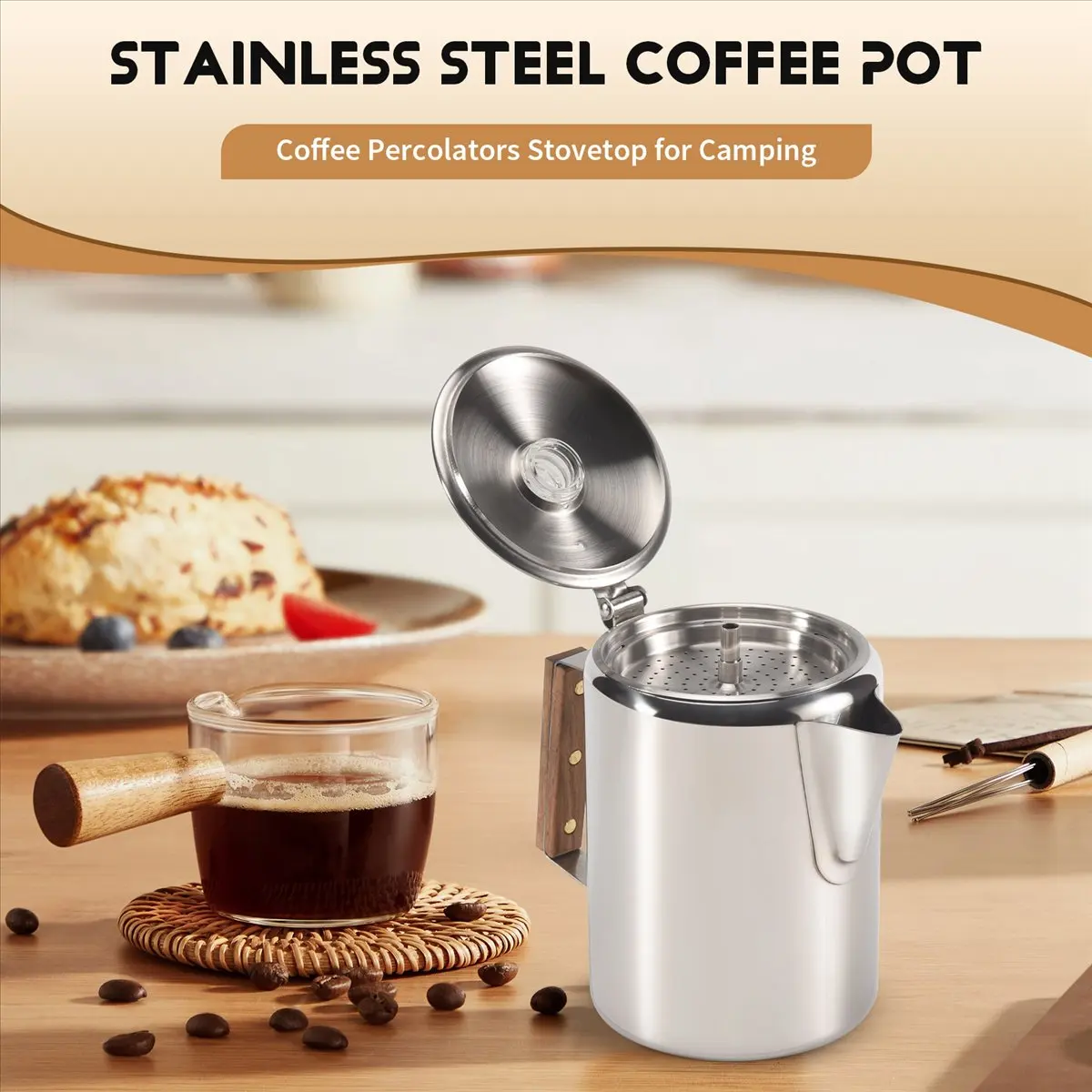 Coffee Percolators Stovetop for Camping, Percolator Coffee Pot Stainless Steel Coffee Maker Camping Outdoors Home 9 Cup &LICG