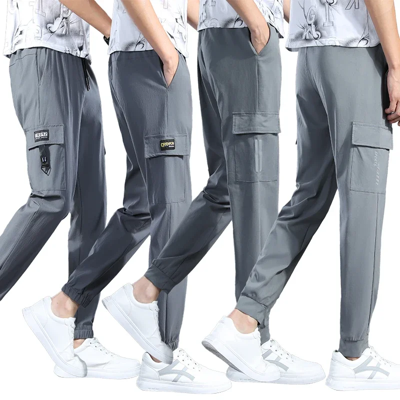 Men Casual Running Sweatpants Gym Jogging Tight Trousers with Multiple Pockets Quick Dry Thin Training Sports Clothes