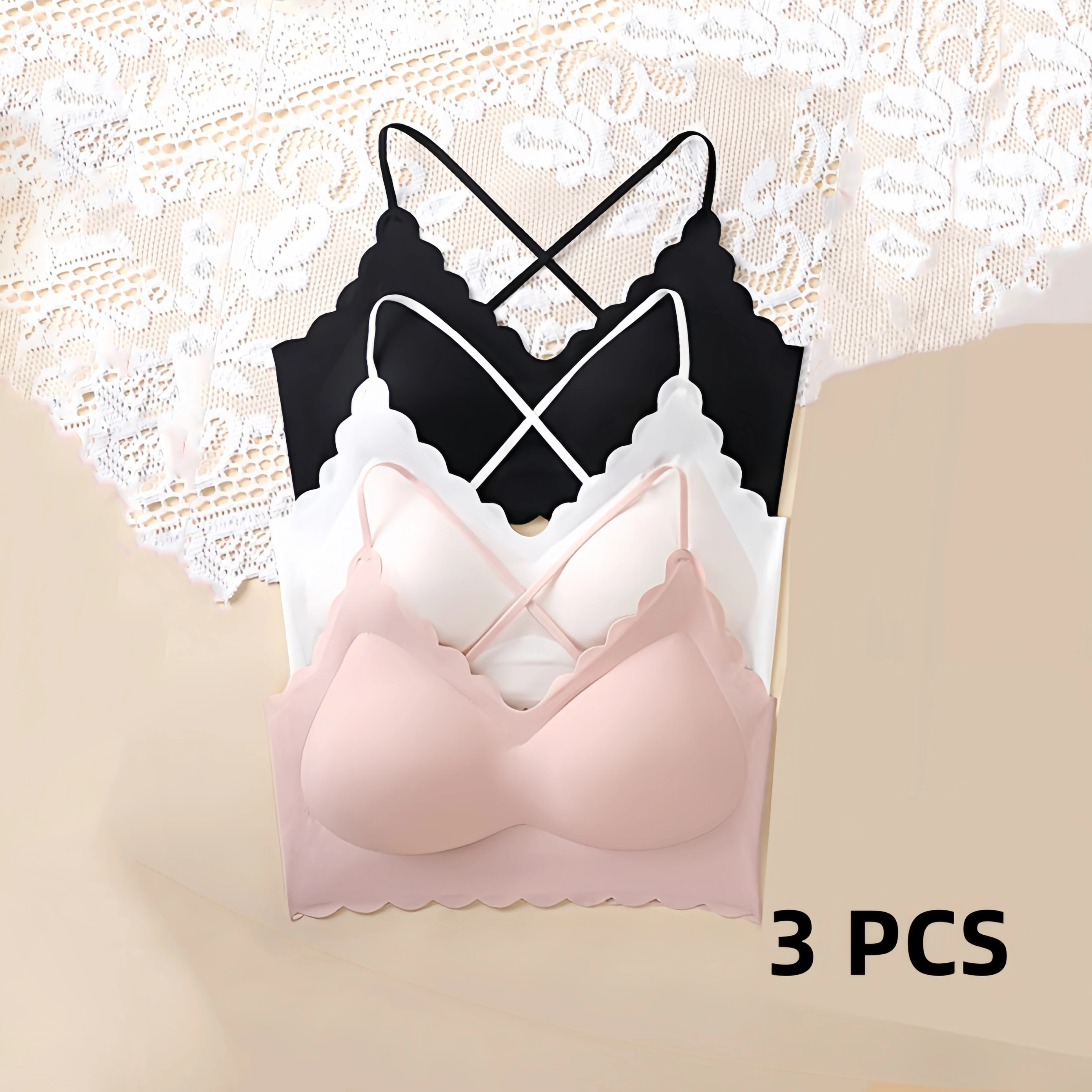 

3 PCS Bra Ice Silk Underwear Women's Hollow Cross Beautiful Steel Ring Breathable Comfortable Belt Chest Pad Inner Bas