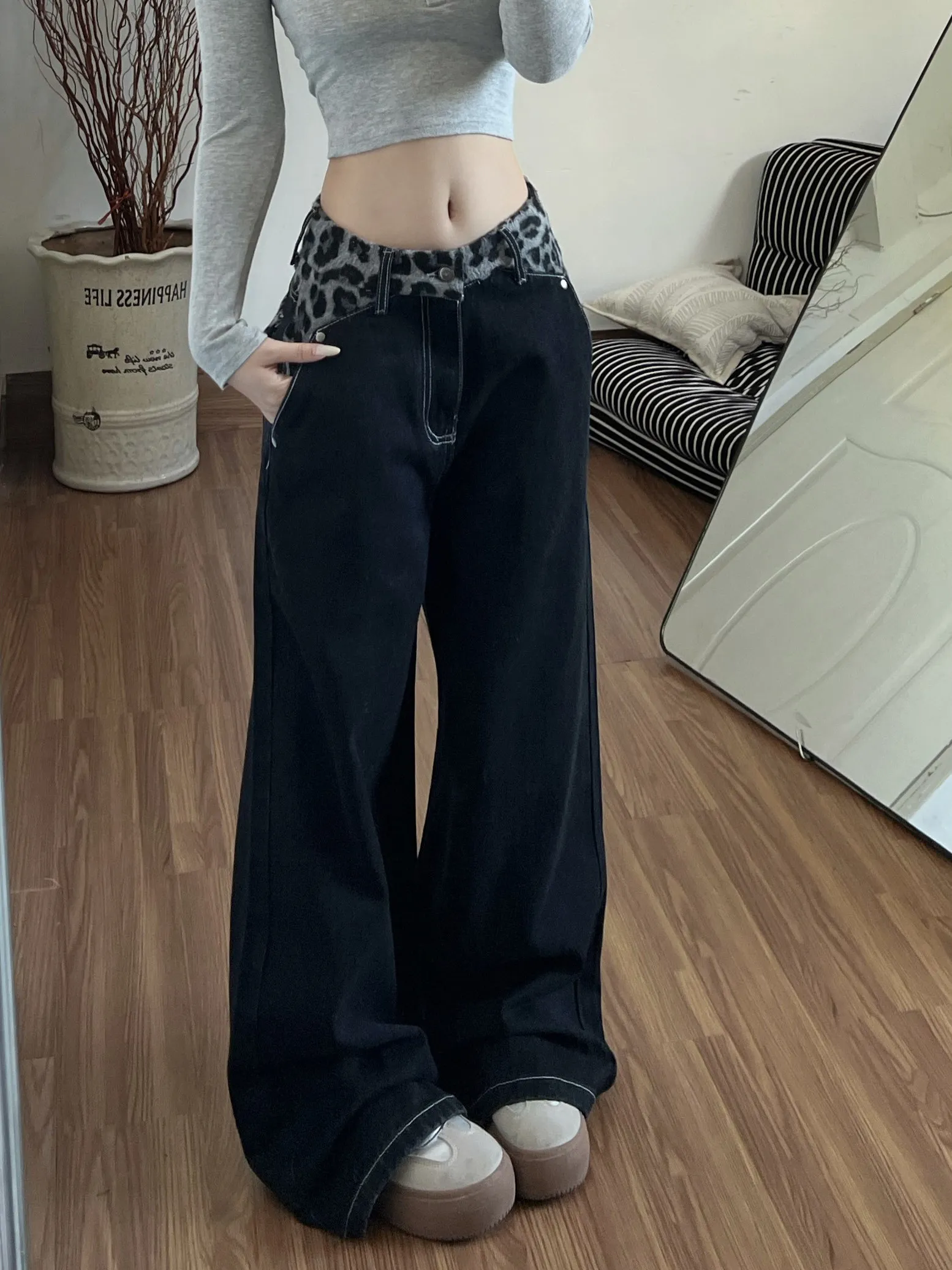 

Повседневные широкие джинсы с леопардовым принтом и высокой талией, женские удлиненные брюки прямого кроя, весна-осень, новый дизайн, повседневная одежда