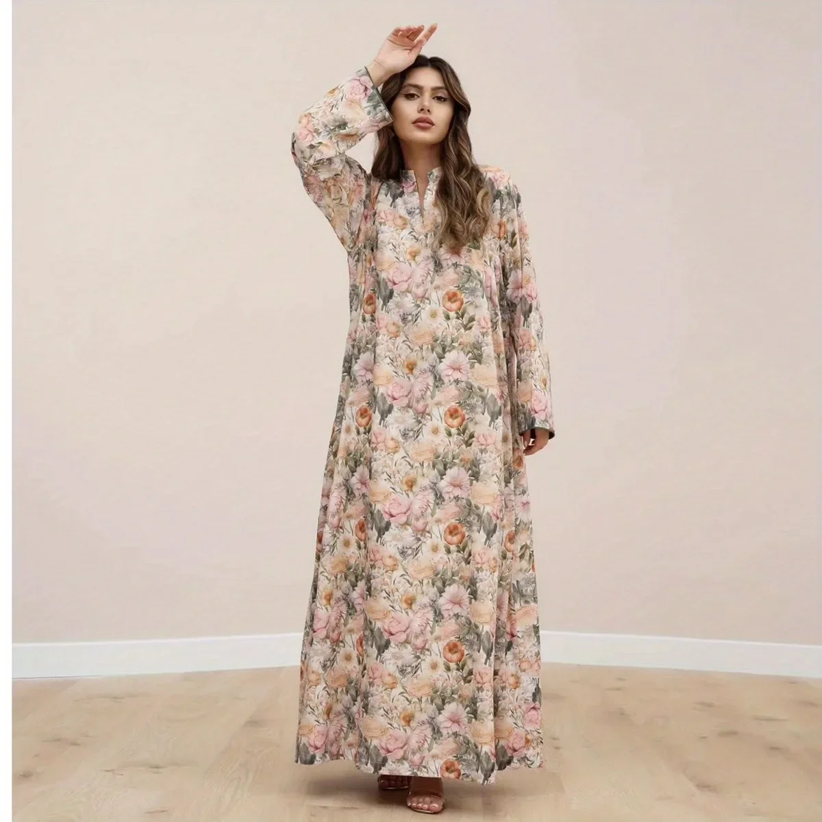 

Women Abaya Muslim Full Sleeve Loose Printed Floral Dresses Elegant Kaftans Middle Eastern Jilbabs Islamic Abayas Maxi Dresses