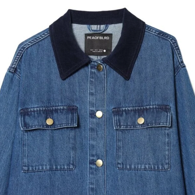 여성 데님 재킷 코듀로이 칼라 빈티지 패치워크 청자켓 긴팔 캐주얼 오피스룩 데일리 워크웨어