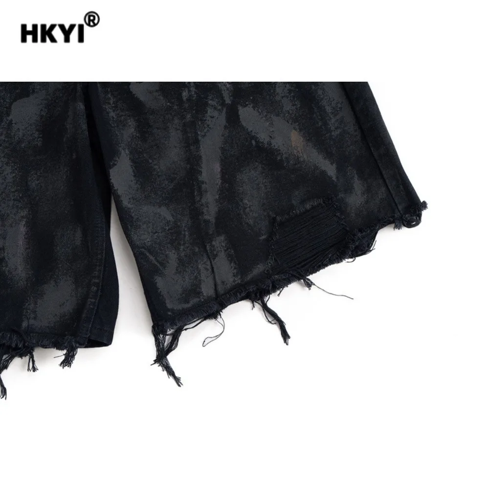 HKYI mens jean shorts washed, pleated, dirty, dyed cat Moustache Effect destroyed, deconstructed, loose casual denim shorts