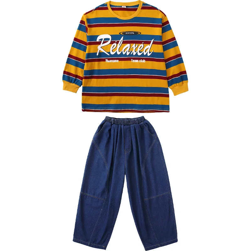 Criança kpop hip hop roupas amarelo listrado moletom denim azul calças largas calças largas para menina menino trajes de dança de rua roupas