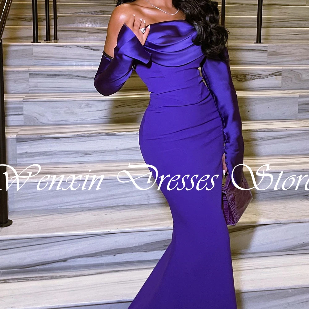 CustomizedFormal Purple Jersey Mermaid Detachable Sleeve Evening Dress Sweep Train Strapless Pleats Zipper Back Long Sleeves Flo