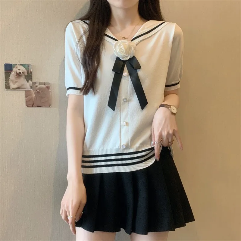 Sailor Collar Striped Sweater Women Knit T-shirt Tees 2024 Summer Short Sleeve Elegant Fashion Loose Ladies Knitwear Y2k Tops