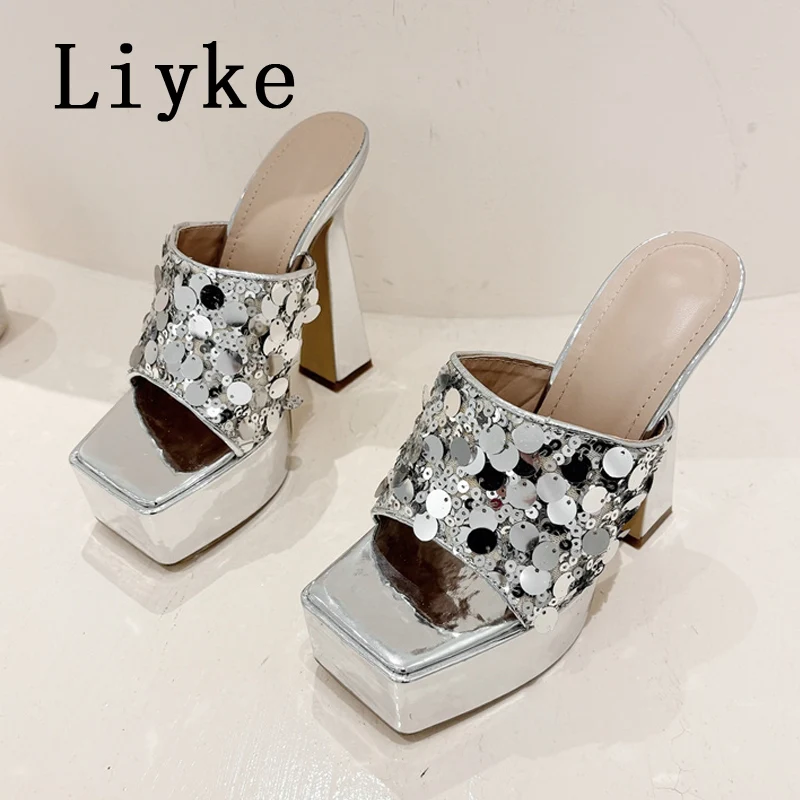 

Liyke Super High Heels Women Sexy Slipper Fashion Silver Fish Fillets Leather Square Toe Party Dress Shoe Chunky Platform Sandal