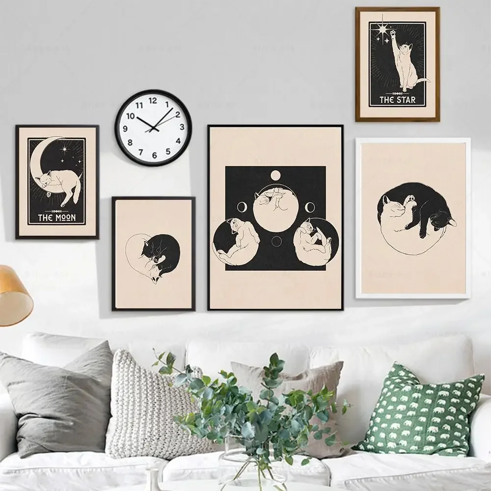1pc frameless Canvas Painting 70s Inspired Vintage Cat Poster Moon Phases Yin and Yang Cats Astrology Sun Moon Star Cat Tarot Ca