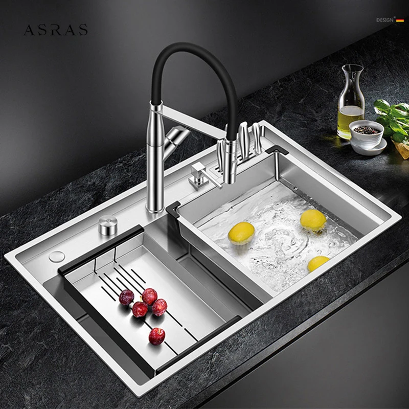 

ASRAS 304 Stainless Steel Kitchen Stepped Sink 4mm Thickness 220mm Depth Large Size Handmade Brushed Stepped Kitchen Sinks