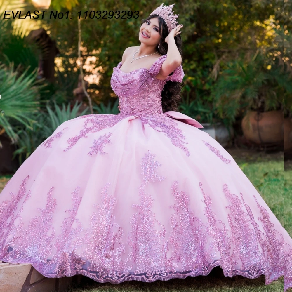

EVLAST индивидуальное розовое бальное платье 2025 года, платье Quinceanera, кружевная аппликация с блестками и бантом из бисера, милое платье 16, Vestidos De 15 Anos E1Q849