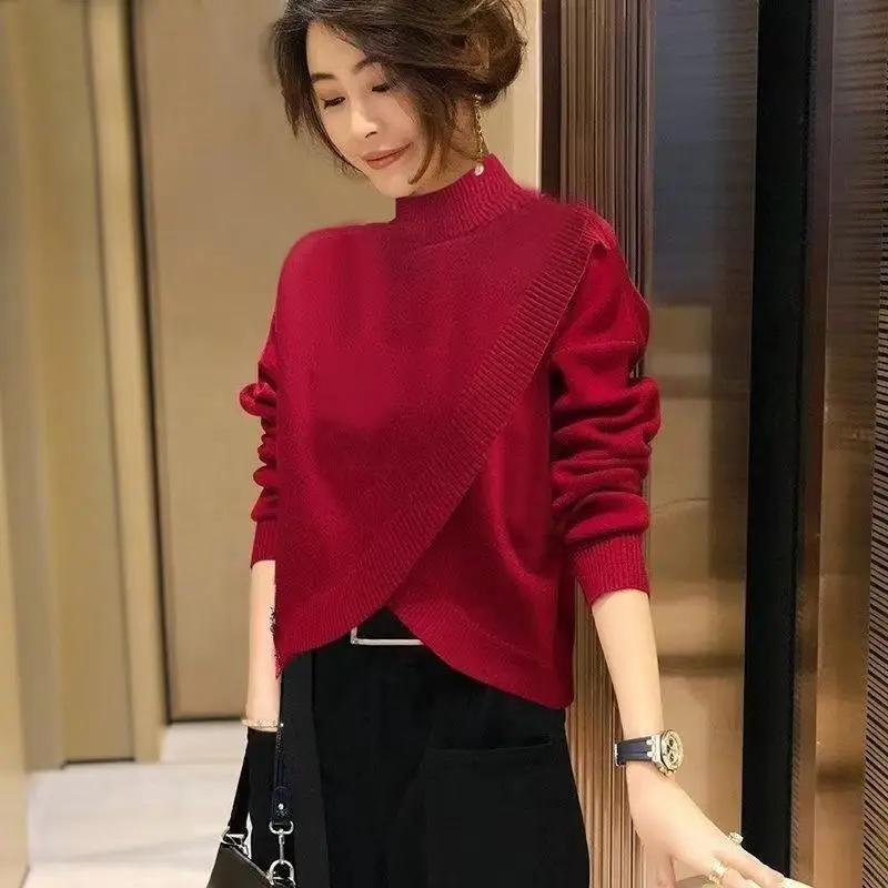 Elegant Solid Color Knitted Spliced Asymmetrical Sweater Women\'s Clothing 2022 Autumn Loose New Casual Pullovers Irregular Tops