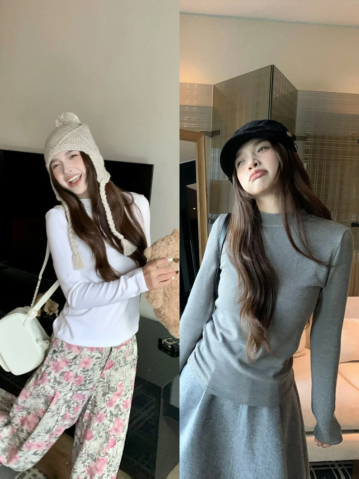 

Женская футболка UVPU с длинным рукавом, гладкая, двухцветная, повседневная, приталенная, базовый слой, хлопок, круглый вырез, без вкладышей для груди