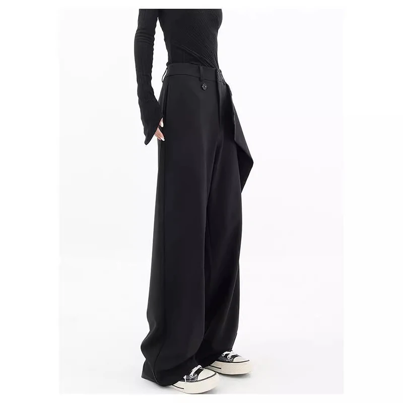 New Simple Commuter Suit Pants Women Summer Fashion Irregular Splicing Design Straight Wide Leg Pant Solid Colour Loose Trousers