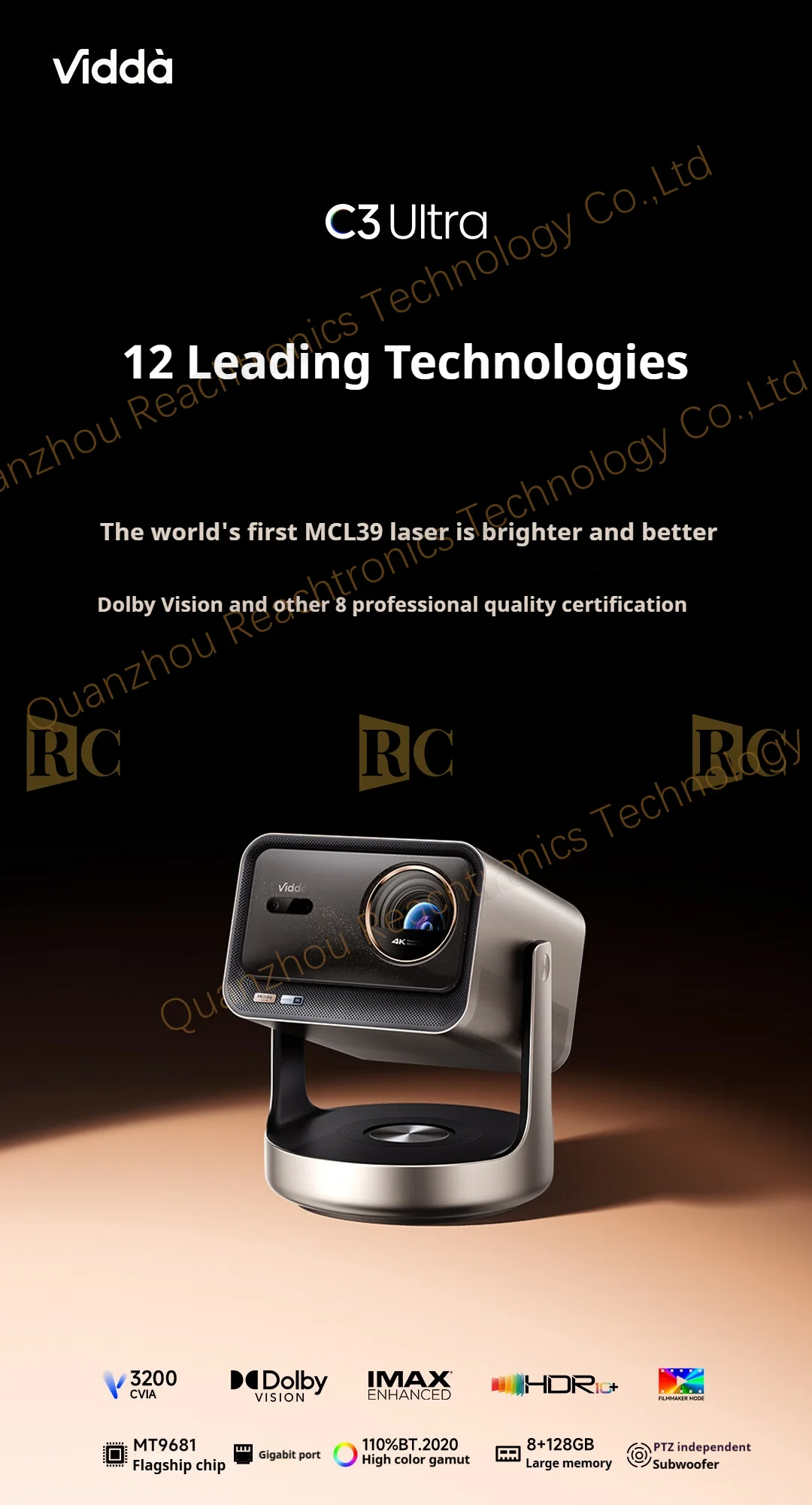 RC  C3 Ultra 4K Three-color Laser Projector 3200CIVA 1.67x Optical Zoom Supports 3D Home Projector