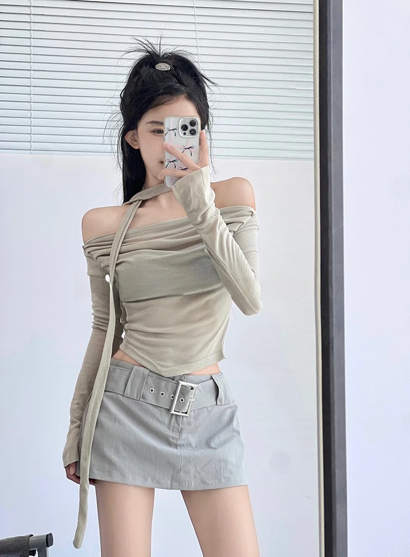 

Sexy Thin Long Sleeve One Shoulder T-Shirt Sunscreen Scarf Two Piece Set Low Waist Skirt Spicy Girl Summer Outfit Women