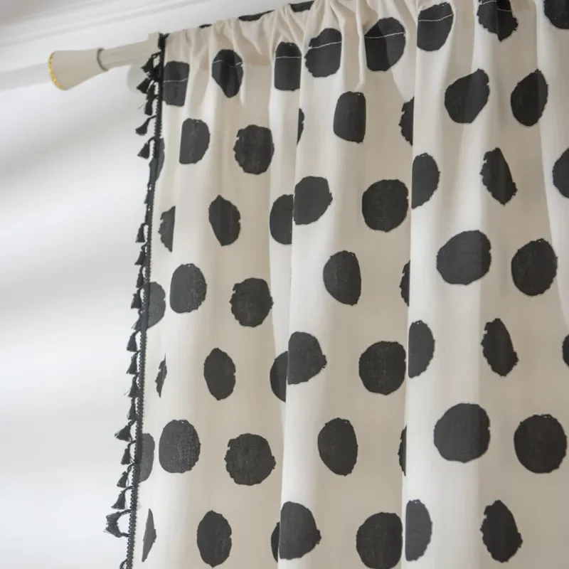 

Cotton Linen Black Dots Thick Window Curtain with Lace Blackout Valance for The Luxury Living Room Curtains for Study Bedroon