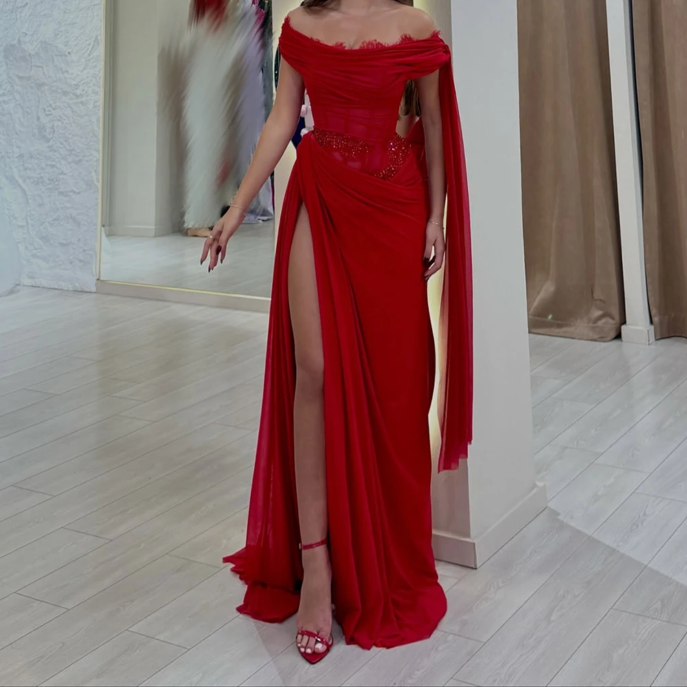 

Customized A-line Evening Dresses Floor-length Off The Shoulder Sleeveless Prom Gown Fashion Sequined Side-split Party Gown