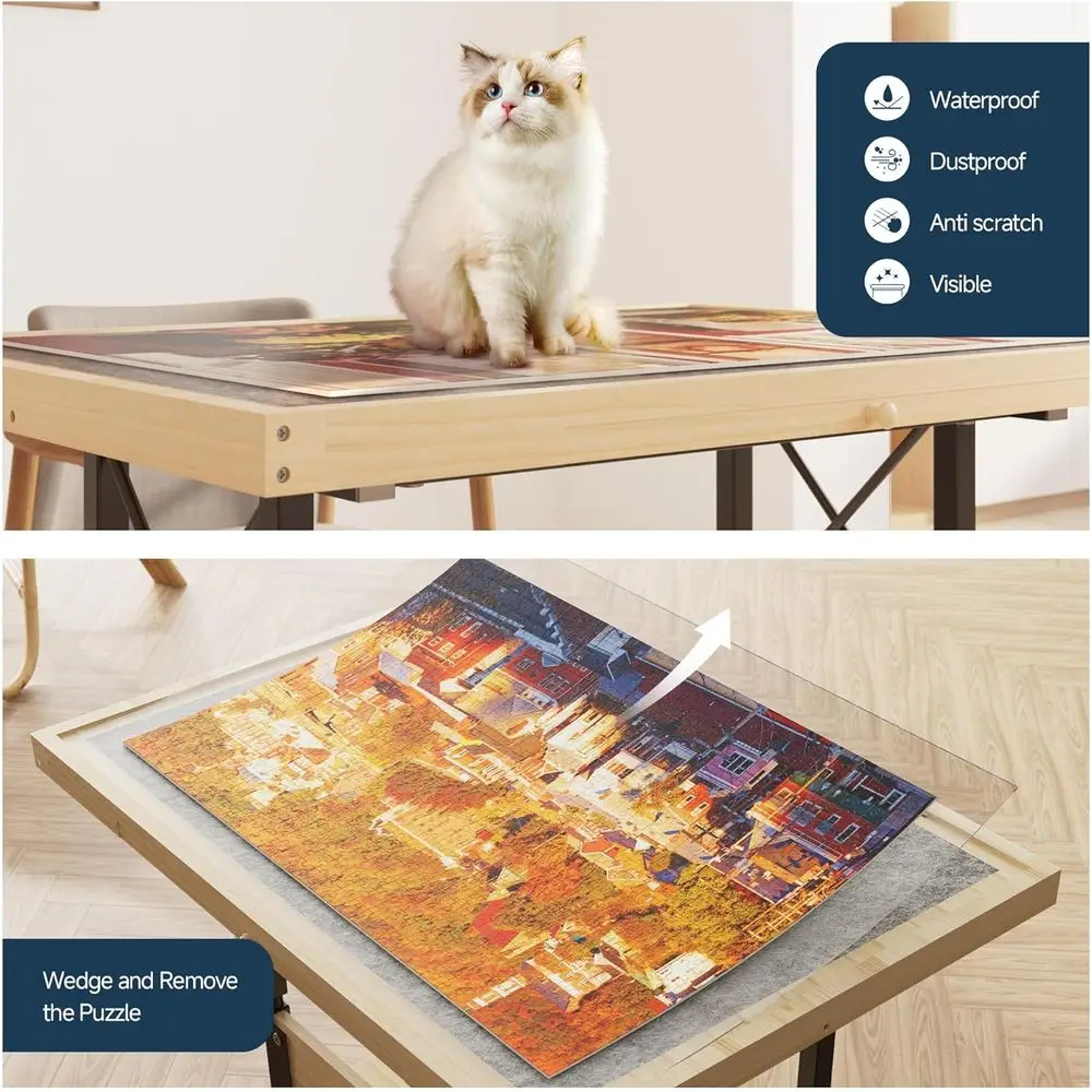 Adults Jigsaw Puzzle Table: 2000-Piece Capacity, Adjustable Tilt and Height, Wooden Board with Support Bar and Wheels