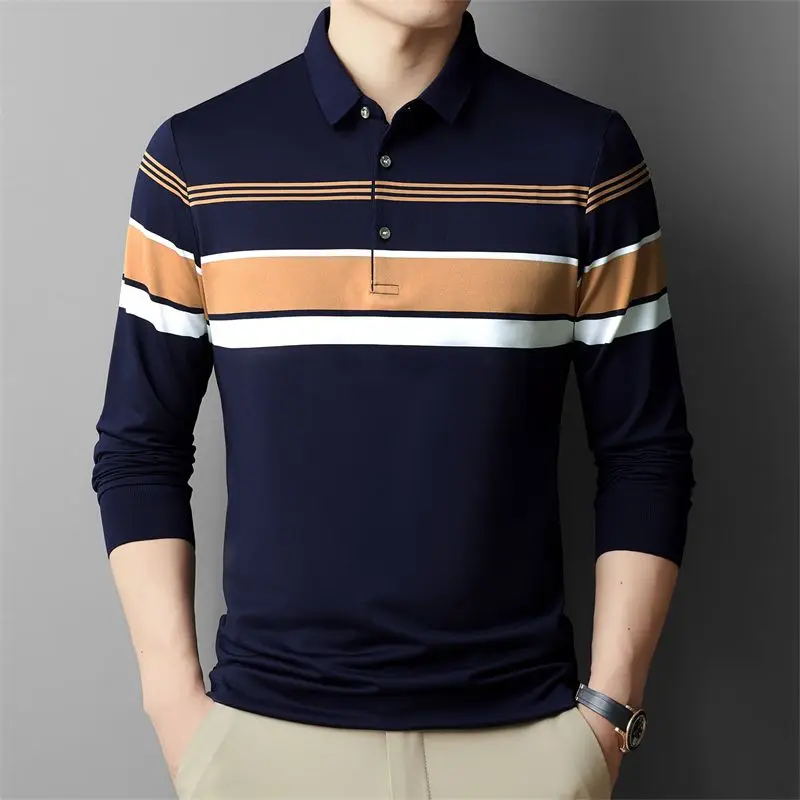 

Повседневная поло-рубашка с длинным рукавом для мужчин среднего возраста, в полоску, из хлопка, свободного кроя, с карманом, базовая модель для папы