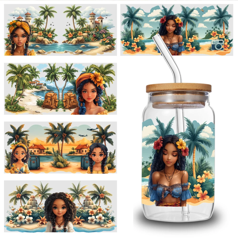 5 Sheets Tropical Beaches Palm Trees Women UV DTF Stickers Glass DTF Transfer Stickers